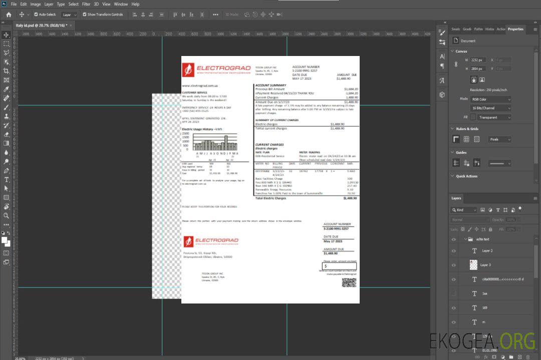 Facture commerciale du service public d'électricité d'Elektrograd SCR template
